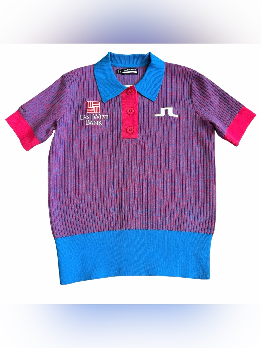J Lindeberg Women’s Vega Knitted Golf Shirt Sz XS Ribbed Blue Red Company Logo